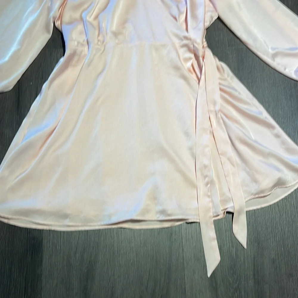 Halogen Light Pink Satin Faux Wrap Long Sleeve Shirt Dress - Picture 10 of 14